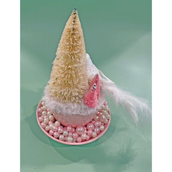 Priced Reduced Pink Melmac Cup Christmas Assemblage w/ Bird & Bottle Brush Trees - Picture 6 of 7